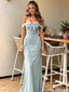 Modern Light Blue Lace Prom Dress Off-Shoulder Bow A-Line Gown,OLP2222