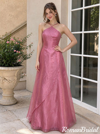Fancy Rose Red Halter Crystal Embellished Prom Dress Slit Long Tulle Gown,OLP2446
