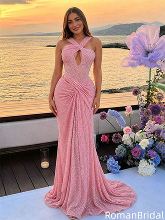 Classy Pink Sequin Mermaid Prom Dress Beautiful Crisscross Neck Gown,OLP2333