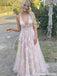 Sexy Deep V-Neck Floral Lace A-Line Prom Gown in Pink Tulle Backless Style,OLP1884
