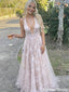 Sexy Deep V-Neck Floral Lace A-Line Prom Gown in Pink Tulle Backless Style,OLP1884