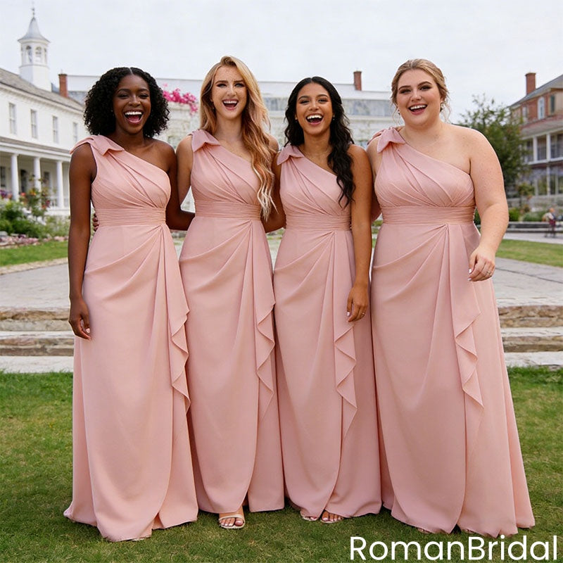 Chic One Shoulder Bridesmaid Dresses with Ruffle Slit Floor Length Chiffon,BG951