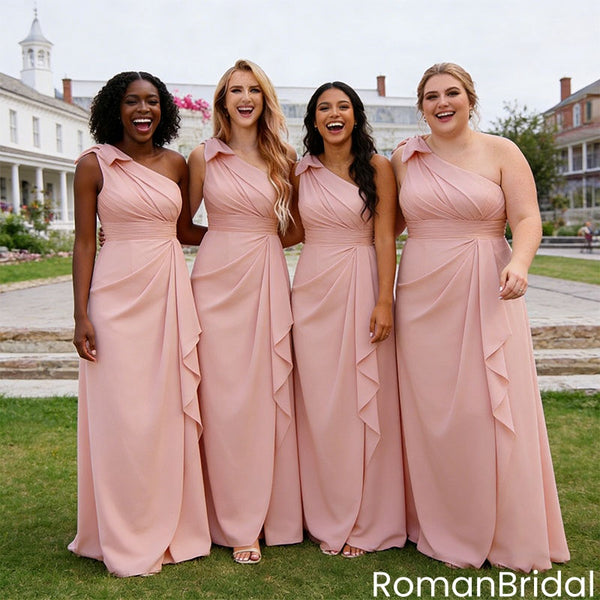 Chic One Shoulder Bridesmaid Dresses with Ruffle Slit Floor Length Chi –  RomanBridal