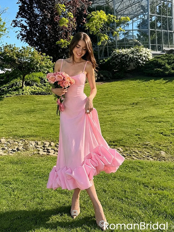 Charming Pink Spaghetti Strap A-Line Ruffle Midi Prom Dress,OLP2375