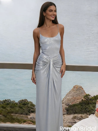 Sexy Silver Sparkly Cami Prom Dress Knotted Front Bodycon Metallic Gala Gown,OLP2016