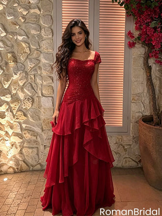 Sexy Red Sparkly Prom Dress Cap Sleeve Sequined Bodice Ruffled Chiffon Skirt,OLP2249