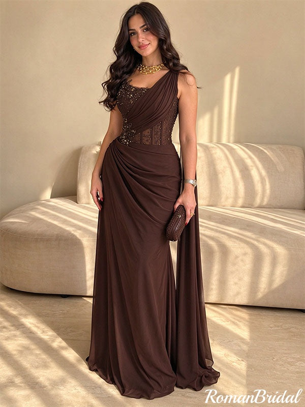 Brown Draped One Shoulder Mermaid Prom Dress Chiffon Long Evening Gown,OLP2427