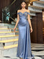 Elegant Beaded Illusion Off-the-Shoulder Dusty Blue Ruched Prom Gown,OLP2190