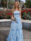 Unique Light Blue Tulle Prom Dress Tiered Ruffle Skirt Square Neck Corset Bodice,OLP2153