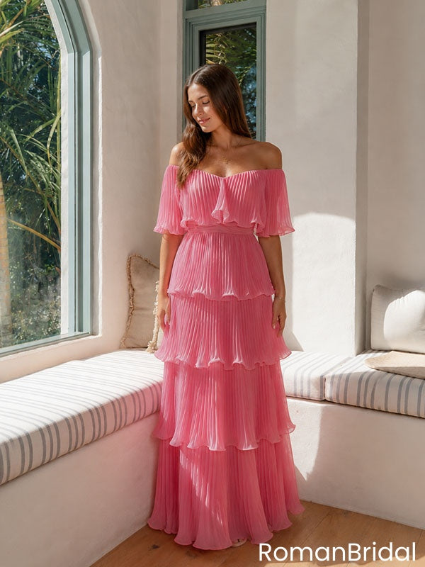 Stunning Pink Pleated Off-the-Shoulder Short Sleeve Maxi Prom Dress Classy,OLP2367