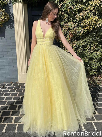 Modern Yellow Sparkle Tulle Evening Gown with Deep V-Neck,OLP1866