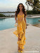 Yellow Two Piece Prom Dress Ruffle High Low Skirt Ruched Chiffon Beach Gown,OLP2056