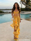 Yellow Two Piece Prom Dress Ruffle High Low Skirt Ruched Chiffon Beach Gown,OLP2056