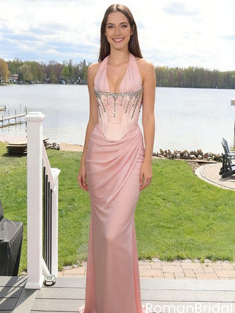 Unique Halter Pink Corset Prom Dress Crystal Beaded Draped Satin Gala Gown,OLP2082