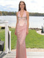 Unique Halter Pink Corset Prom Dress Crystal Beaded Draped Satin Gala Gown,OLP2082