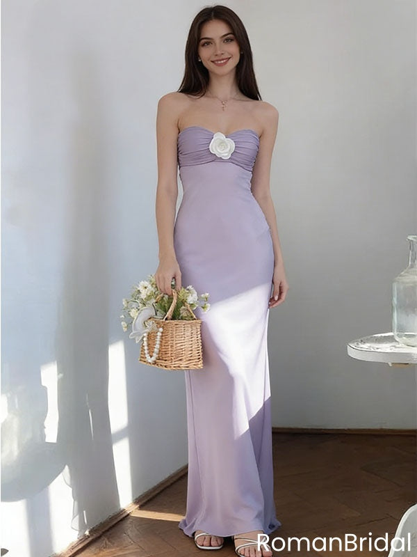 Modern Lavender Prom Gown Strapless Floral Accent Chiffon Sheath Evening Dress,OLP2185