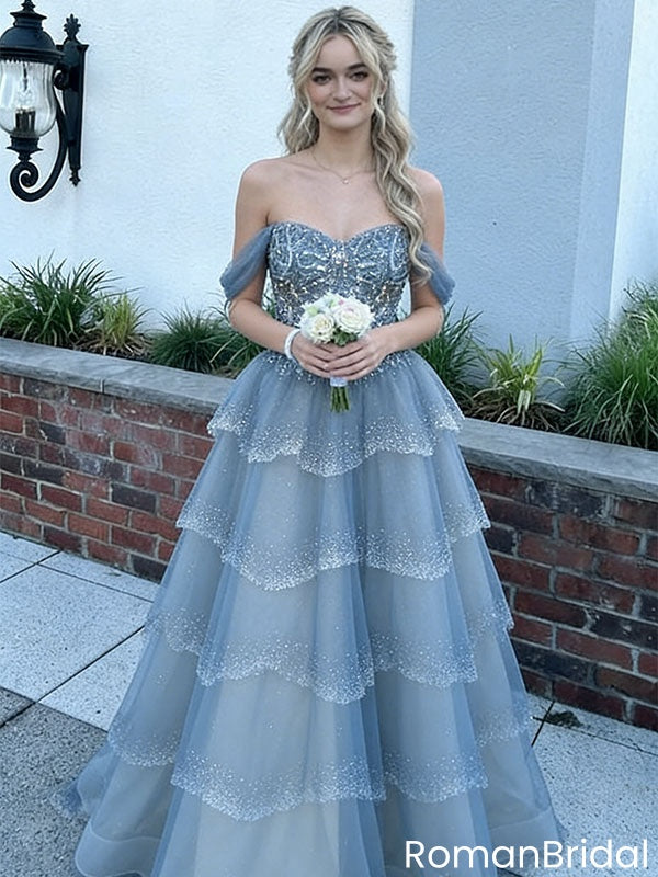 Classy Blue Off-the-Shoulder Prom Dress Glitter Tulle Tiered Ball Gown Skirt,OLP1859