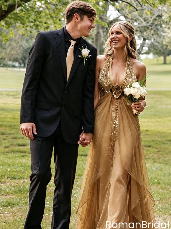 Classy Gold Sequined Halter Prom Dress Unique Backless A Line Formal Gown,OLP2279