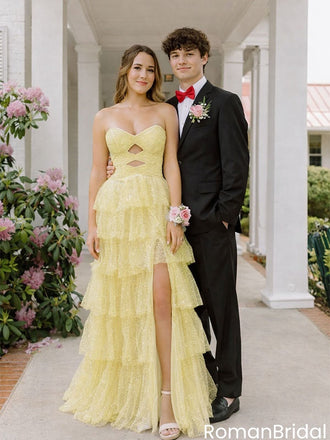Sparkly Yellow Prom Gown Tiered Sequin Tulle Slit Sweetheart Formal Dress,OLP2167