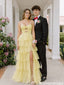 Sparkly Yellow Prom Gown Tiered Sequin Tulle Slit Sweetheart Formal Dress,OLP2167