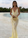 Shimmering Sequin V Neck Sheath Prom Gown Elegant Light Yellow High Slit Slit Gown,OLP2138