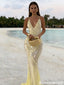 Shimmering Sequin V Neck Sheath Prom Gown Elegant Light Yellow High Slit Slit Gown,OLP2138
