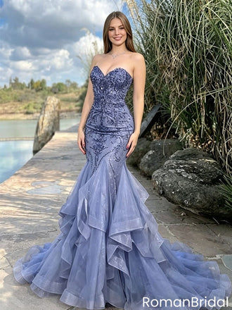 Sexy Mermaid Sweetheart Glitter Blue Lace Prom Dress with Ruffle Skirt,OLP2204