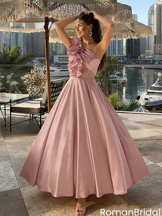 Modern Pink One-Shoulder Tea Length Prom Dress Dramatic Ruffle Detail,OLP2103