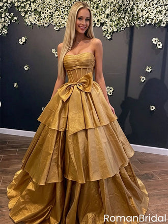 Unique Strapless Corset Gold Pleated Ruffled Gown with Big Bow for Prom,OLP2208