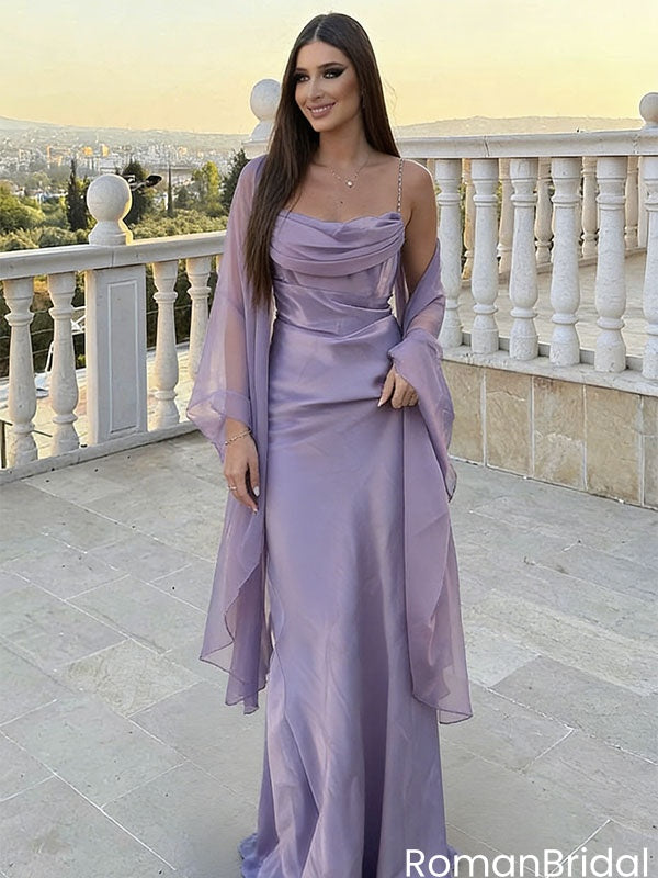 Classy Lavender Cowl Neck Satin Prom Dress Sheer Wrap,OLP2098