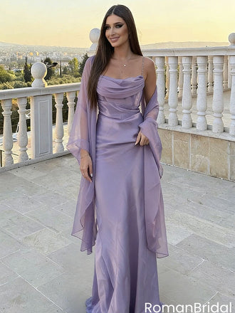 Classy Lavender Cowl Neck Satin Prom Dress Sheer Wrap,OLP2098