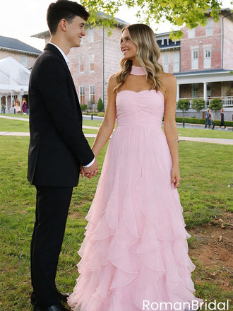 Elegant Blush Pink Tulle Prom Gown Halter Choker Neck Tiered Layered Skirt,OLP2113