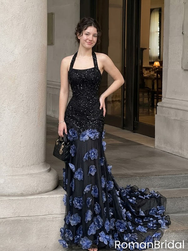 Unique Black Halter Formal Gown Elegant 3D Floral Applique Mermaid Prom Dress,OLP2309