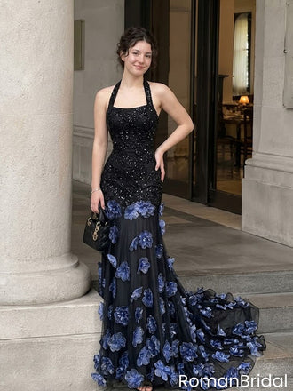 Unique Black Halter Formal Gown Elegant 3D Floral Applique Mermaid Prom Dress,OLP2309