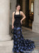 Unique Black Halter Formal Gown Elegant 3D Floral Applique Mermaid Prom Dress,OLP2309