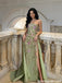 Vintage Sage Green Floral Embroidered Strapless Prom Dress Side Slit Style,OLP2302