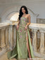 Vintage Sage Green Floral Embroidered Strapless Prom Dress Side Slit Style,OLP2302