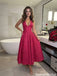 Elegant Hot Pink Halter Neck Midi Prom Dress Structured Bodice Floral Jacquard Fabric,OLP2337