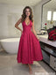 Elegant Hot Pink Halter Neck Midi Prom Dress Structured Bodice Floral Jacquard Fabric,OLP2337