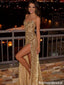 Sexy Spaghetti Straps Sweetheart Corset Gold Mirror Embellished Prom Gown,OLP2133