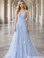 Ethereal Light Blue A-Line Tulle Evening Gown with 3D Floral Appliques,OLP1893
