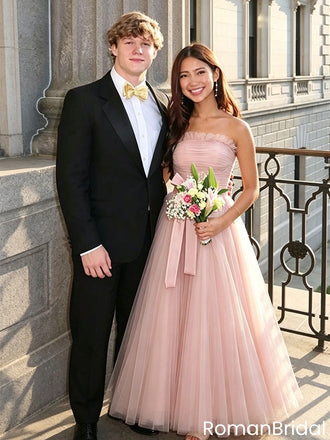 Classy Pink Pleated Tulle Prom Dress Strapless A Line Floor Length Gown,OLP2201