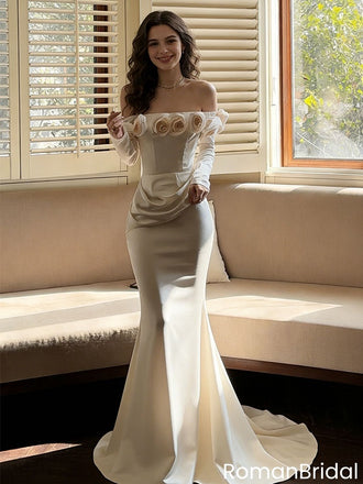 Modern Ivory Mermaid Prom Dress 3D Rose Neckline Long Sleeve Formal,OLP1949