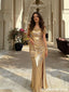 Glamorous Gold Sequin Formal Gown Ruched Bodycon Fit Off-Shoulder Sleeve,OLP2065