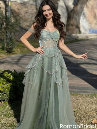 Romantic Green Glitter Tulle Layered Skirt Prom Gown with Off-Shoulder Sleeves,OLP2182