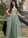 Romantic Green Glitter Tulle Layered Skirt Prom Gown with Off-Shoulder Sleeves,OLP2182