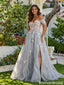 Floral Applique Grey Prom Gown Off Shoulder Sweetheart Neckline Tulle Slit,OLP1977
