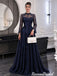 Classy Navy Blue High-Neck Long Sleeve Ball Gown Fancy Beaded Lace Prom Dress,OLP2442