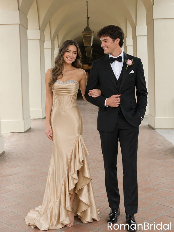 Stunning Gold Strapless Mermaid Satin Prom Dress With Ruched Bodice Ruffles,OLP2291