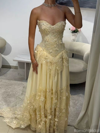 Elegant Yellow Floral Sweetheart A-Line Long Prom Dress Ideas, Evening Party Dresses , OLP1244